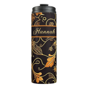 Bouteilles Isothermes Feuilles et vrilles orange sur motif noir