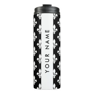 Bouteilles Isothermes Fleur de Lis, Blanc sur Noir, Blanc, Votre Nom