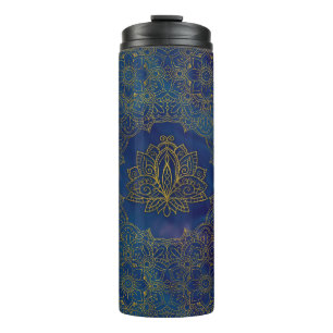 Bouteilles Isothermes Fleur de Lotus élégante d'or sur le bleu