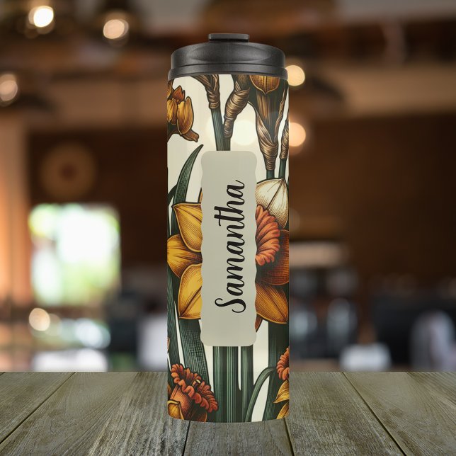 Bouteilles Isothermes Fleur de naissance customisée Mars Skinny 16 oz (Personalized 20 oz thermal tumbler with birth flower of the daffodil for the month of March)
