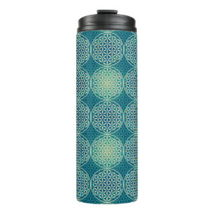 Bouteilles Isothermes Fleur de vie - motif de timbre - bleu cyan