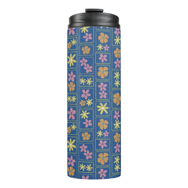 Bouteilles Isothermes Fleur retro en patchwork bleu (Devant)