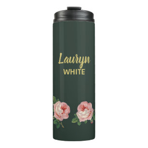 Bouteilles Isothermes Fleur rose et feuilles sur vert foncé