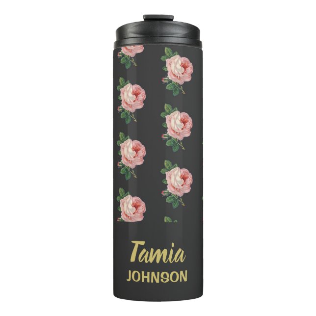 Bouteilles Isothermes Fleur rose nom personnalisé gris (Devant)