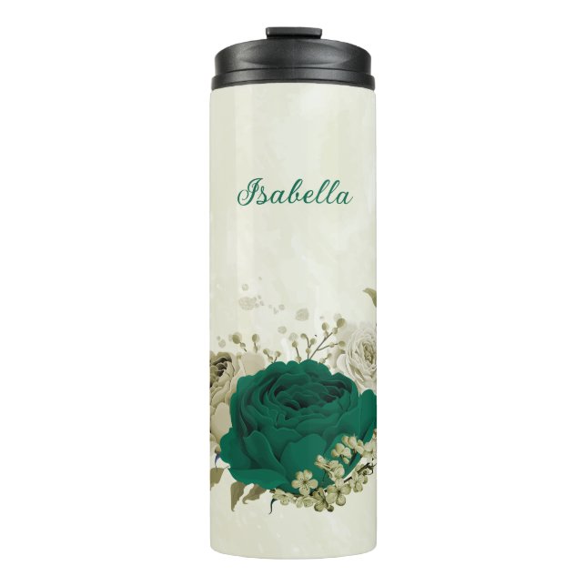 Bouteilles Isothermes fleurs beige vert émeraude mariage  (Devant)