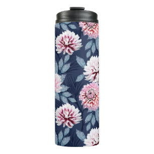 Bouteilles Isothermes Fleurs blanches et roses sur bleu foncé.