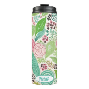 Bouteilles Isothermes Fleurs blanches et turquoises personnalisables