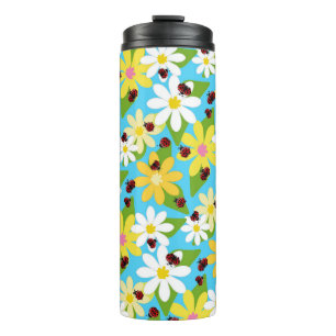 Bouteilles Isothermes Fleurs blanches jaunes coccinelle rouge
