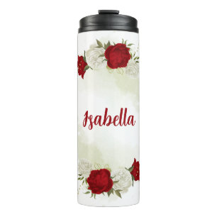 Bouteilles Isothermes Fleurs blanches rouges feuillage 