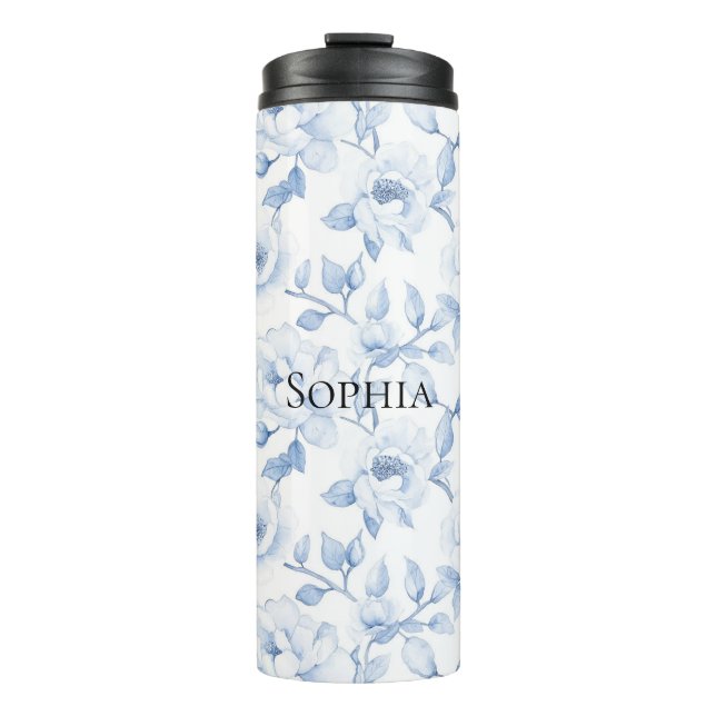 Bouteilles Isothermes Fleurs Blancs Chic Et Joli Bleu (Devant)