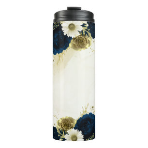 Bouteilles Isothermes fleurs bleu marine ivoire or