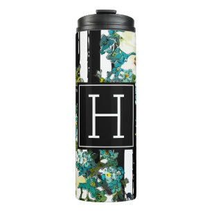Bouteilles Isothermes Fleurs bleues et blanches élégantes avec Monogramm