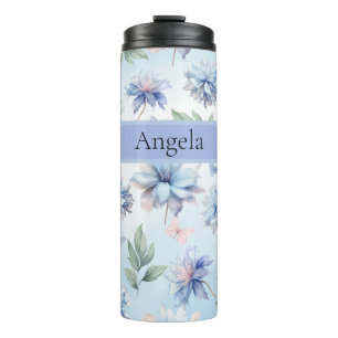 Bouteilles Isothermes Fleurs bleues personnalisées et papillons roses