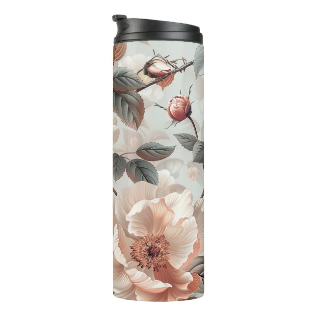 Bouteilles Isothermes Fleurs de crème avec feuilles gris sur un gris cla (Tourné sur la droite)