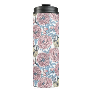 Bouteilles Isothermes Fleurs de pivoines et oiseaux