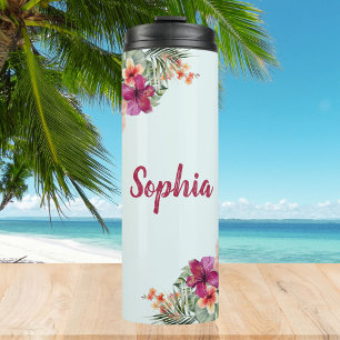 Bouteilles Isothermes Fleurs d'hibiscus rose Monogramme Fleur tropicale