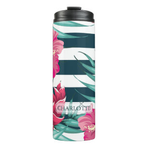 Bouteilles Isothermes Fleurs exotiques roses Monogrammes rayés