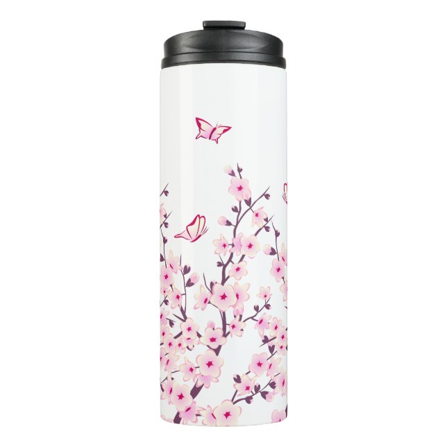 Bouteilles Isothermes Fleurs florales de cerisiers Papillons rose blanc (Devant)