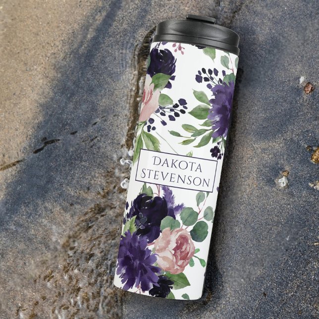 Bouteilles Isothermes Fleurs luxuriantes | Monogramme Motif violet et ro (Créateur téléchargé)