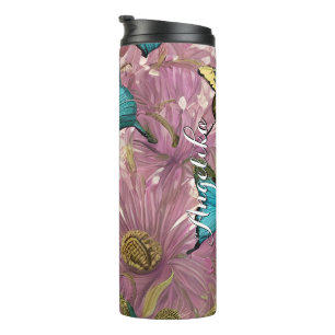 Bouteilles Isothermes Fleurs rose blush papillons sarcelle et or