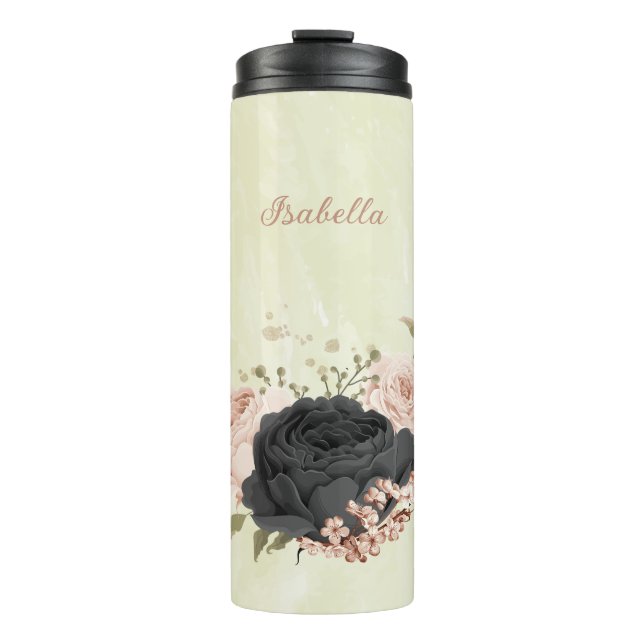 Bouteilles Isothermes fleurs roses blush noir  (Devant)
