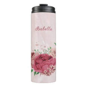 Bouteilles Isothermes fleurs roses feuilles vertes mariage