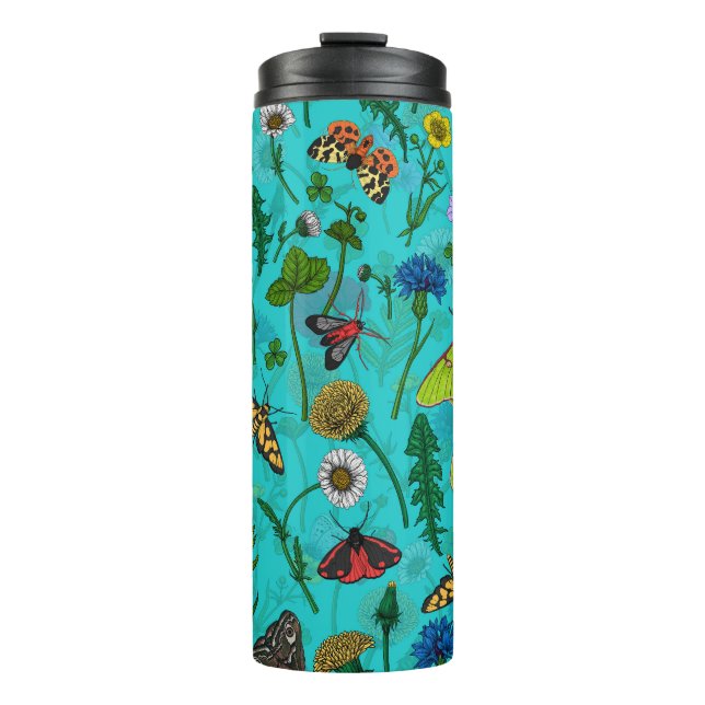 Bouteilles Isothermes Fleurs sauvages et papillons de nuit sur turquoise (Devant)