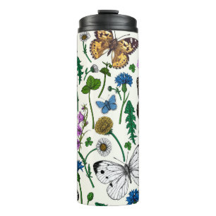 Bouteilles Isothermes Fleurs sauvages et papillons sur blanc