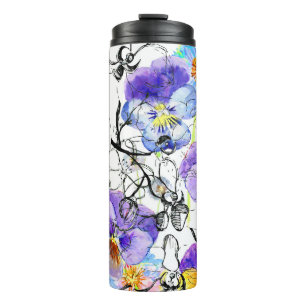 Bouteilles Isothermes Fleurs violettes Aquarelle Motif Vintage
