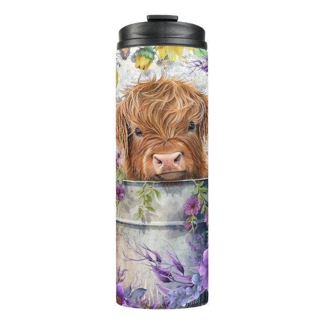 Bouteilles Isothermes Fleurs violettes avec vache des Highlands (Devant)