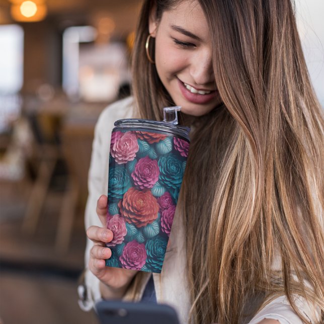Bouteilles Isothermes Floral rose et bleu 3D (PINK FLORAL TUMBLER)