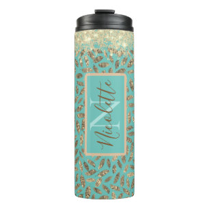 Bouteilles Isothermes Glitterie or Monogramme sur Turquoise