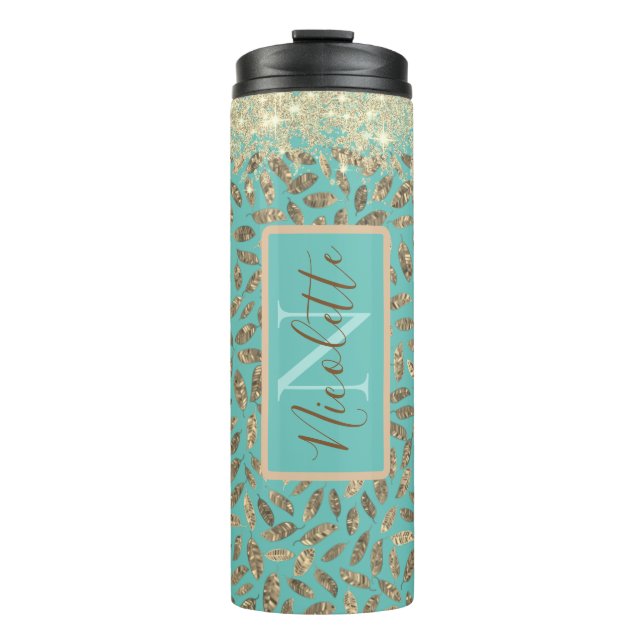 Bouteilles Isothermes Glitterie or Monogramme sur Turquoise (Devant)