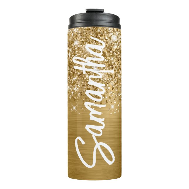 Bouteilles Isothermes Glittery Gold Glam Nom vertical Personnalisé (Devant)