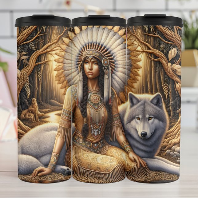 Bouteilles Isothermes Golden Forest Spirit, Woman et Wolf. (Créateur téléchargé)