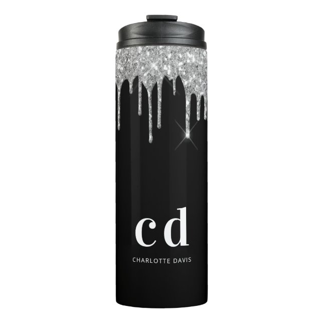 Bouteilles Isothermes Gouttes de paillettes d'argent noir avec monogramm (Devant)