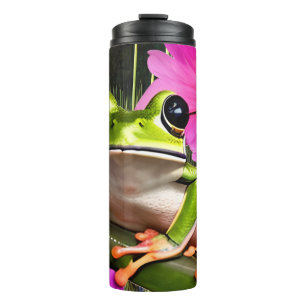 Bouteilles Isothermes Grenouille verte entourée de fleurs roses