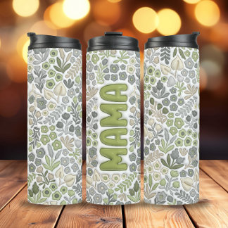 Bouteilles Isothermes Gris Sage Boho Floral 3D Effet Mama