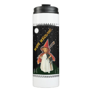 Bouteilles Isothermes Halloween - Petite Fille avec Balai et Chat Noir