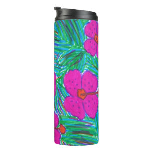 Bouteilles Isothermes Hibiscus roses et Feuilles de palmiers