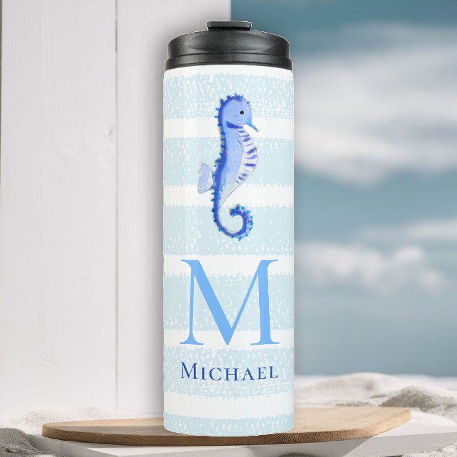 Bouteilles Isothermes Hippocampe Monogram Beach Aquarelle marine (boy tumbler personalized monogram seahorse sea blue stripes nautical ocean grandchild baby gift)