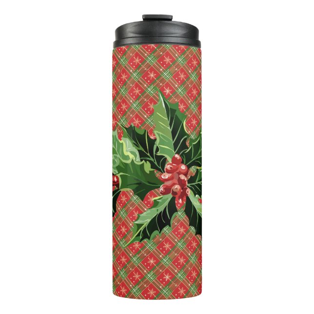 Bouteilles Isothermes Holly et Berries sur Red Christmas Plaid (Devant)