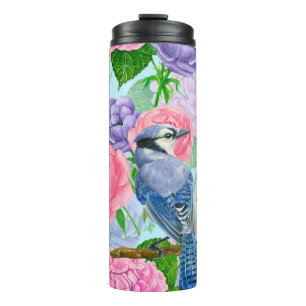 Bouteilles Isothermes Jay bleu et fleurs motif aquarelle