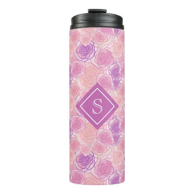Bouteilles Isothermes Joli violet Rose Floral sur mesure Monogramme (Devant)