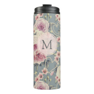 Bouteilles Isothermes Jolie rose Roses et Coeurs Perles Monogramme