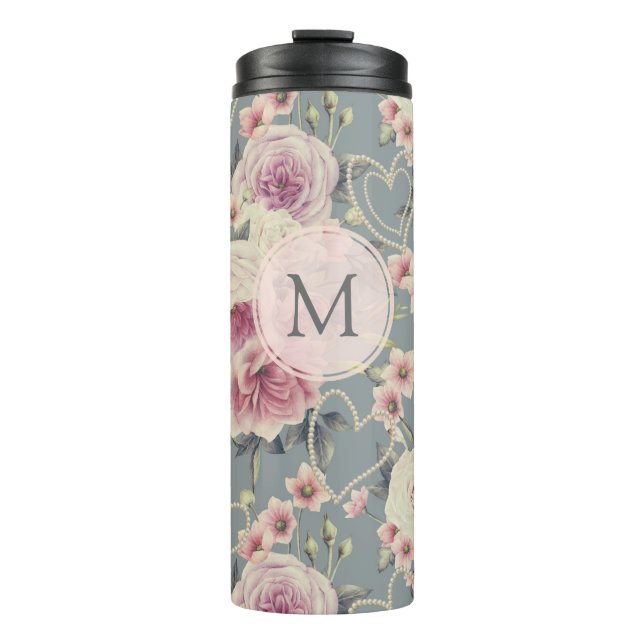 Bouteilles Isothermes Jolie rose Roses et Coeurs Perles Monogramme (Devant)