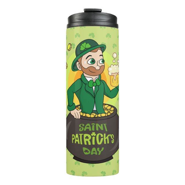 Bouteilles Isothermes Leprechaun de dessin dans une casserole d'or tenan (Devant)