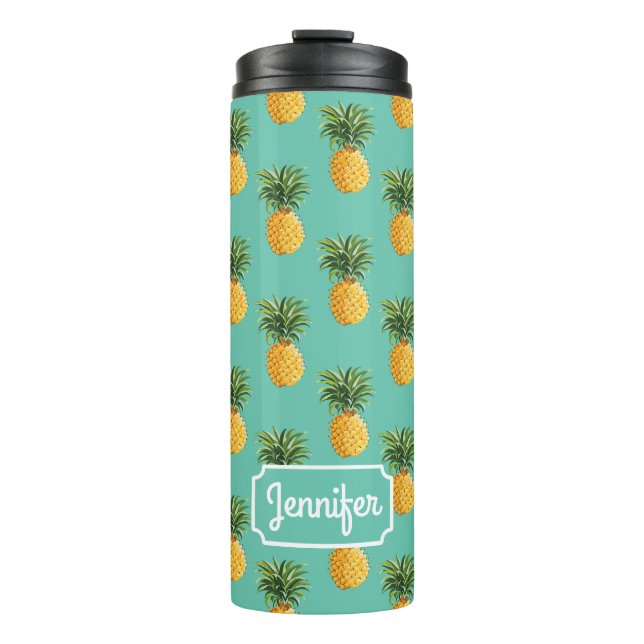 Bouteilles Isothermes Les ananas tropicaux sur Teal | ajoutent votre nom (Devant)