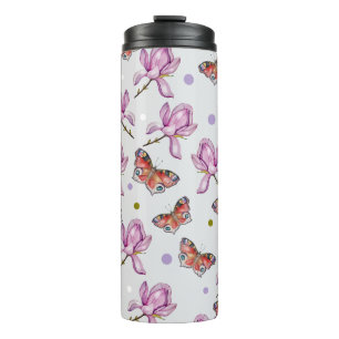 Bouteilles Isothermes Magnolia et papillons, motif aquarelle
