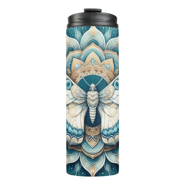 Bouteilles Isothermes Mandala en or, blanc et bleu (Devant)